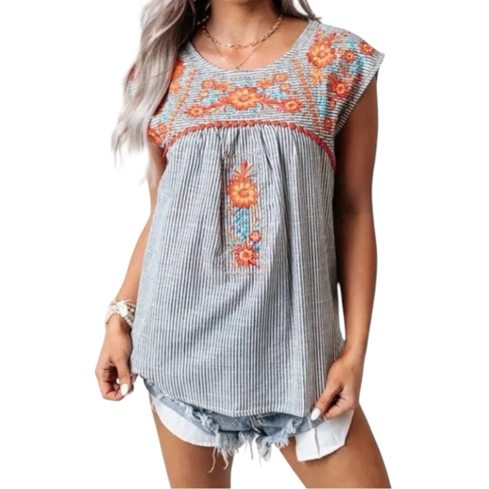 Savanna Jane Lucky Lane Embroidered Top Orange Gray Summer Size M